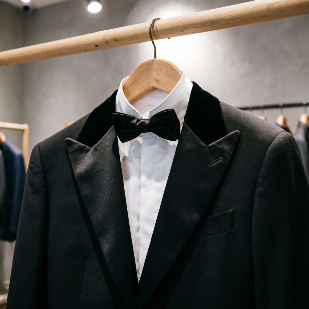 Classic black tuxedo on display